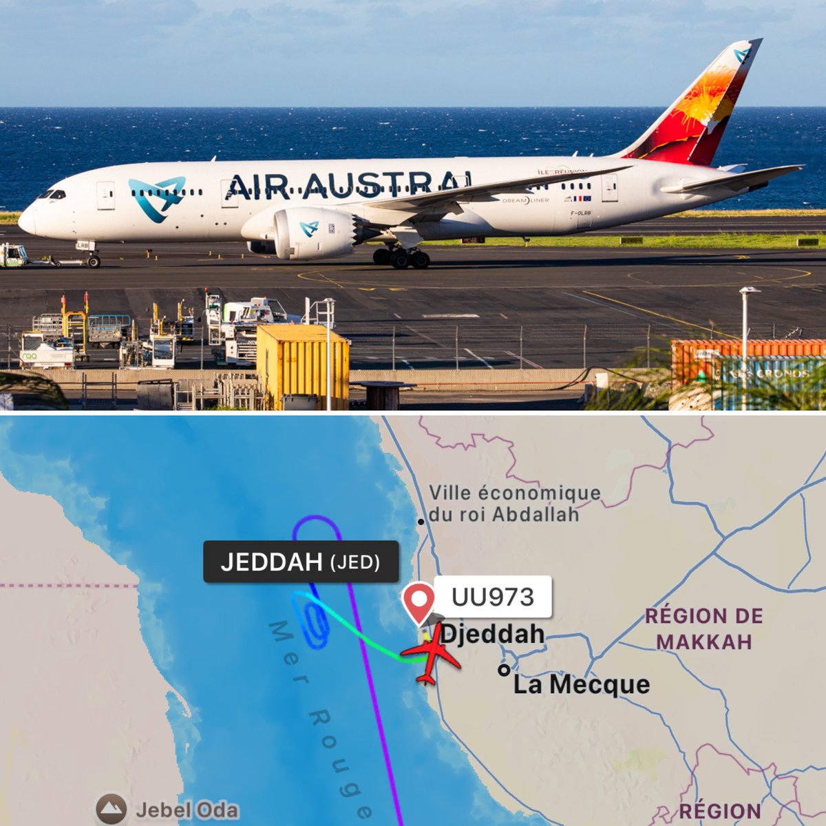 airplusnews's tweet photo. 🔴 Un Boeing 787-8 d’Air Austral, immatriculé F-ORLB s’est dérouté cette nuit à Jeddah en Arabie Saoudite après avoir déclaré une urgence.

Pour rappel, cet avion a été immobilisé presque un an à Teruel. 

➡️ Le Boeing a été remis en service il y a seulement deux jours. https://t.co/I5FcqDnyoA