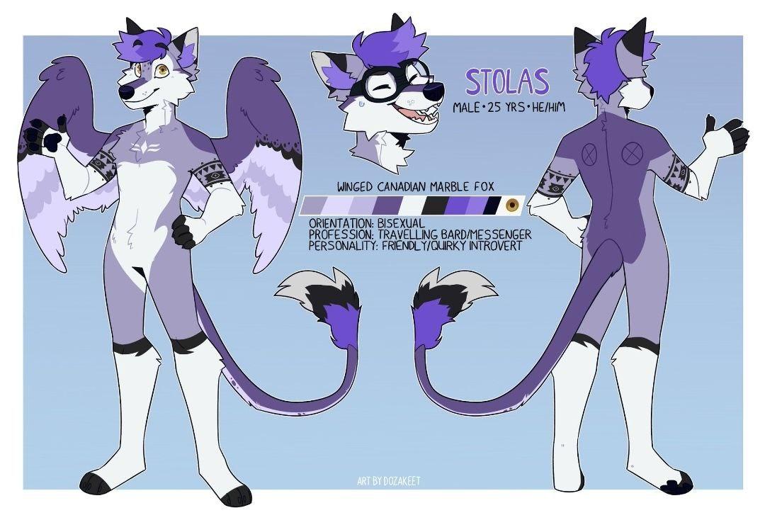 Stolasdarling's tweet photo. Happy Sunday fellas! Here is the fabulous ref sheet of your friendly flying canadian marble fox Stolas 💜! 
Commissioned by @dozakeet 💜

#furryartwork #ArtCommission
#refsheet #furryfandom #furryoc #furryarts #stolasthefox https://t.co/mieYJ3sQqa