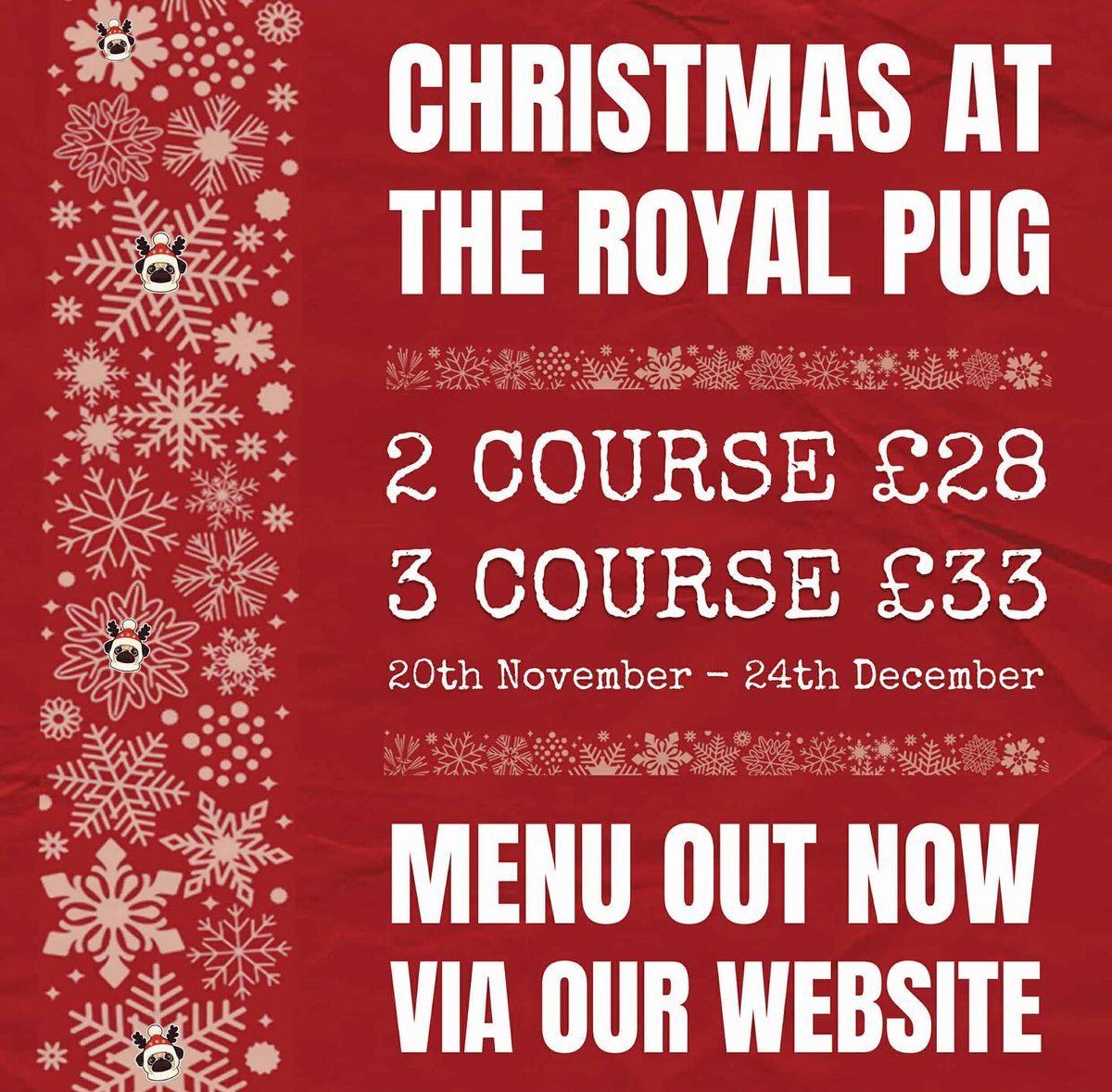 ✨🎄 Christmas is coming to The Royal Pug! 🎄✨

Celebrate the season with their brand-new festive menu 🎅🏼🍴
👉 2 courses for £28
👉 3 courses for £33

📅 Available from 20th November – 24th December

#LoveLeam #Leamington #VisitLeam #DiscoverLeam