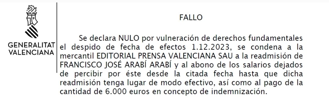 Francesc Arabí (@quicoarabi) on Twitter photo 🔴NOTíCIA💣Un jutge ha condemnat el diari <a href="/levante_emv/">Levante-EMV</a> per violació de drets fonamentals en l'acomiadament del periodista <a href="/QuicoArabi/">Francesc Arabí</a>.
La sentència declara la nul•litat d'eixa decisió i obliga el diari a readmetre el treballador. 🧵👇 🔴NOTíCIA💣Un jutge ha condemnat el diari <a href="/levante_emv/">Levante-EMV</a> per violació de drets fonamentals en l'acomiadament del periodista <a href="/QuicoArabi/">Francesc Arabí</a>.
La sentència declara la nul•litat d'eixa decisió i obliga el diari a readmetre el treballador. 🧵👇