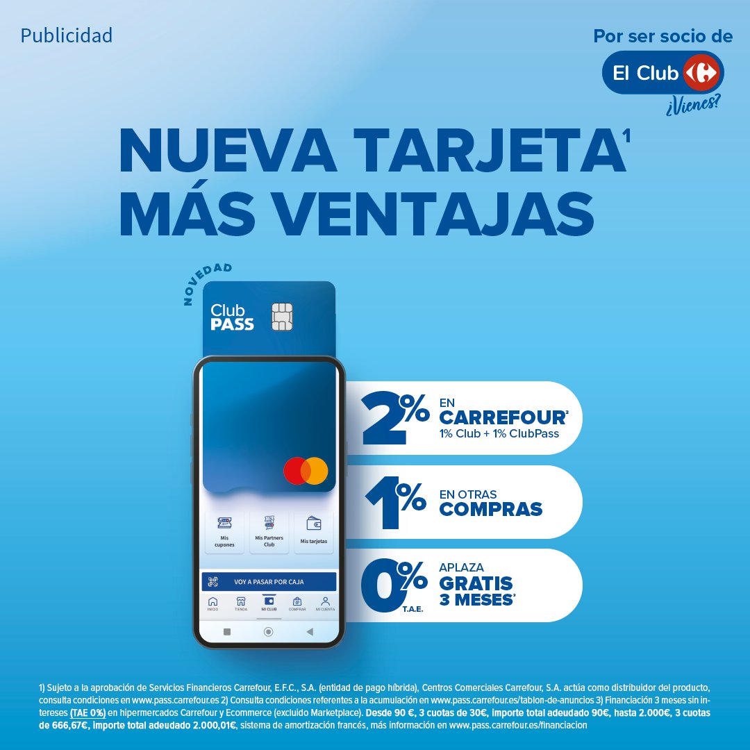 ¡Nueva Tarjeta Carrefour PASS!
Tu tarjeta de crédito con múltiples ventajas y ahorro garantizado.
👉 pass.carrefour.es/solicitar-tarj…

#carrefour #clubcarrefour #carrefourpass #clubpass