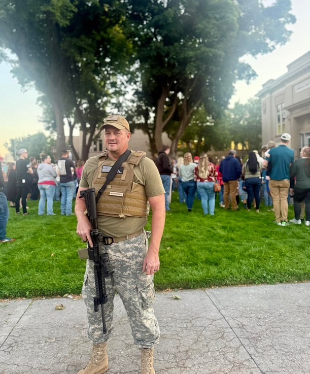 whitesheepranch's tweet image. #MadChad got dressed up and armed up for the Charlie Kirk vigil in Idaho Falls this evening. 

He loves being his own private Idaho militia. He feels very important. He feels manly. 

He's planning to run for office again. Don't let him succeed.  
#idpol #chadchristensen #cosplay