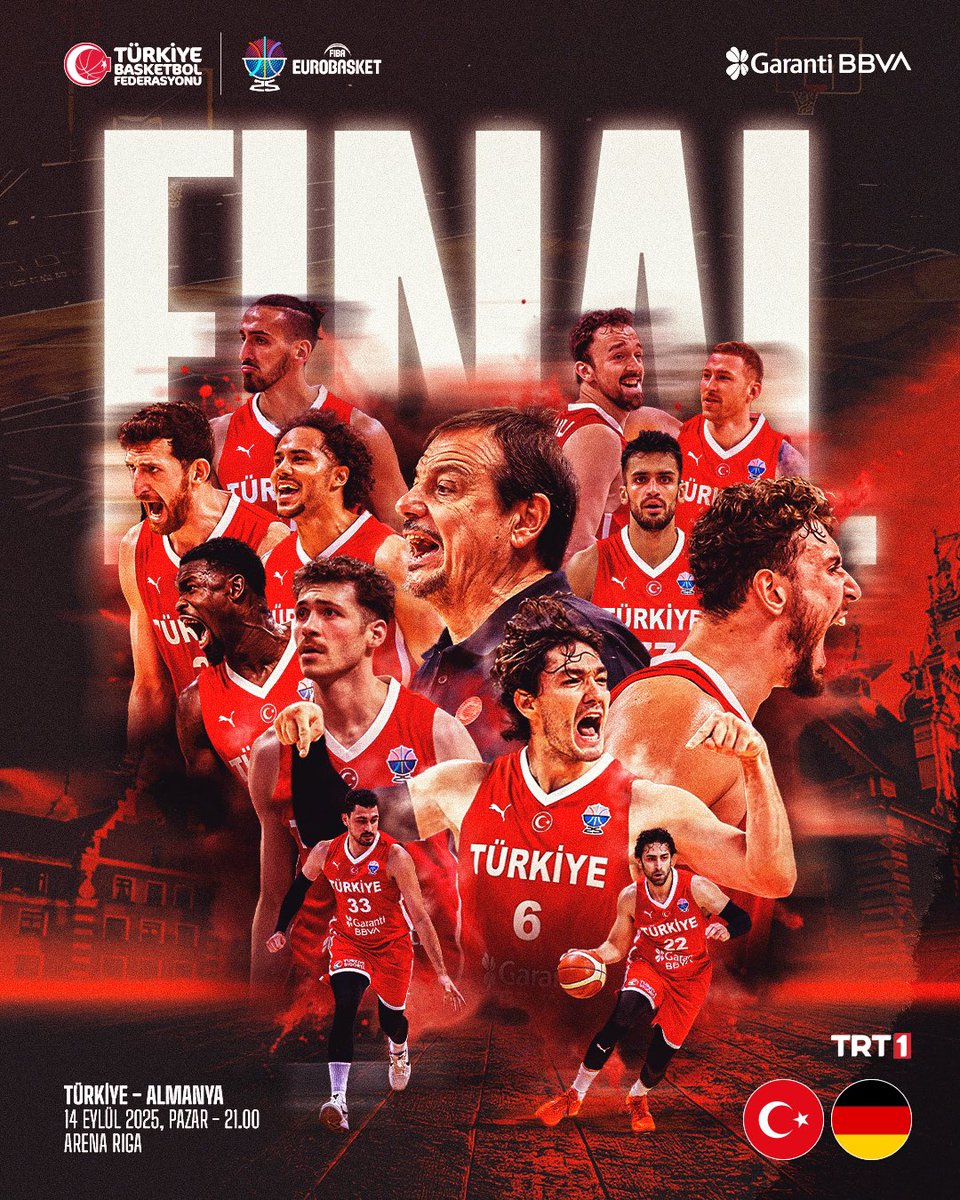 TBF (@tbf) on Twitter photo FİNAL GÜNÜ! 🇹🇷
FIBA 2025 Avrupa Şampiyonası finalinde 12 Dev Adam’ın rakibi Almanya. 🏀
🇹🇷 Türkiye-Almanya 🇩🇪
🏟️ Arena Riga
📆 14 Eylül 2025, Pazar
⏰ 21.00
📺 TRT1
<a href="/GarantiBBVA/">Garanti BBVA</a>
#BuYolculukHepimizin #EuroBasket FİNAL GÜNÜ! 🇹🇷
FIBA 2025 Avrupa Şampiyonası finalinde 12 Dev Adam’ın rakibi Almanya. 🏀
🇹🇷 Türkiye-Almanya 🇩🇪
🏟️ Arena Riga
📆 14 Eylül 2025, Pazar
⏰ 21.00
📺 TRT1
<a href="/GarantiBBVA/">Garanti BBVA</a>
#BuYolculukHepimizin #EuroBasket