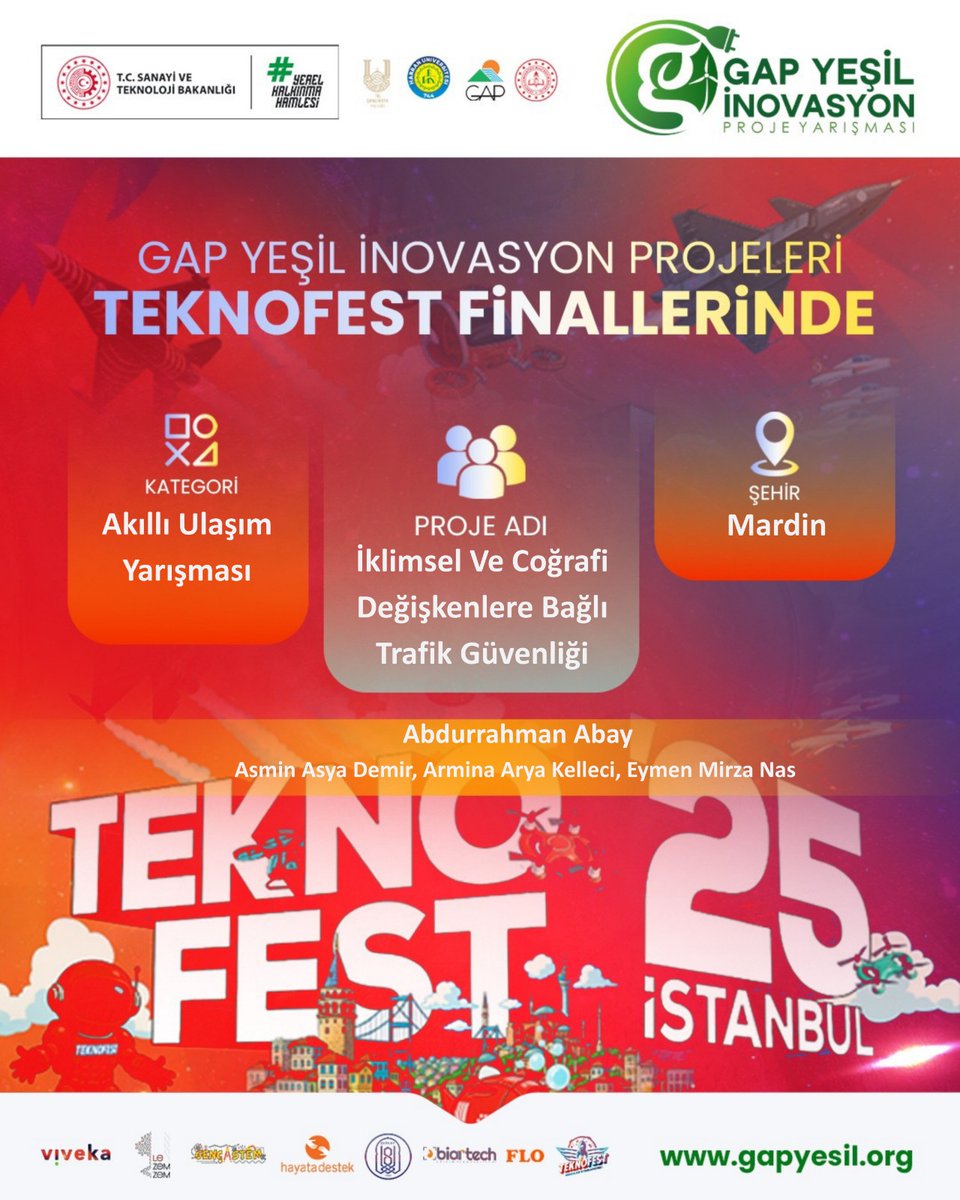 GAP Yeşil İnovasyon Projeleri, TEKNOFEST 2025 finallerinde parlamaya devam ediyor! 🚀

GAP Yeşil İnovasyon Proje Yarışması kapsamında, proje ekibimizin "Akıllı Ulaşım Yarışması" kategorisinde geliştirdiği yenilikçi proje finale yükseldi