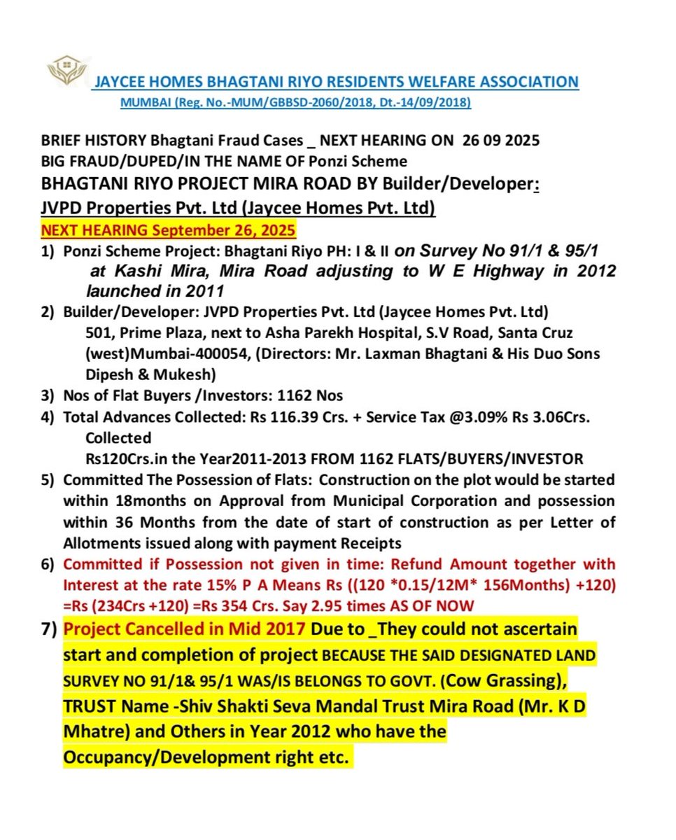 Bhagtani_JVPD's tweet photo. @narendramodi The allegations of fraud cheating against Builder Laxman Bhagtani and sons Dipesh and Mukesh directors of JVPD Properties and Jaycee Homes They are accused of collecting over Rs 427+13 Crores Service Tax FROM BUYERS now Over 1300 CRS seeking refunds &amp; justice https://t.co/7SaDA4ZYBH