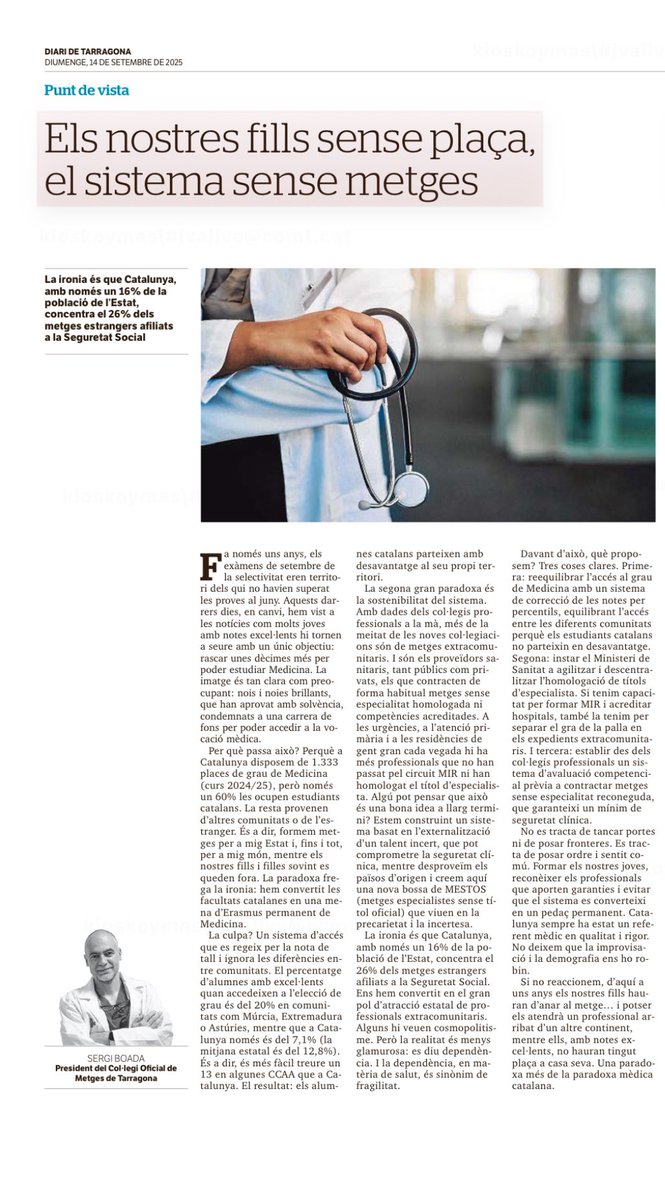 🟢Avui a <a href="/diaridtarragona/">Diari de Tarragona</a>:
“Els nostres fills sense plaça,el sistema sense metges”

Joves amb excel·lents no poden accedir a Medicina mentre el sistema depèn de metges extracomunitaris.

🟢Propostes: percentils x l’accés a Medicina, agilitzar homologacions i garantir competències