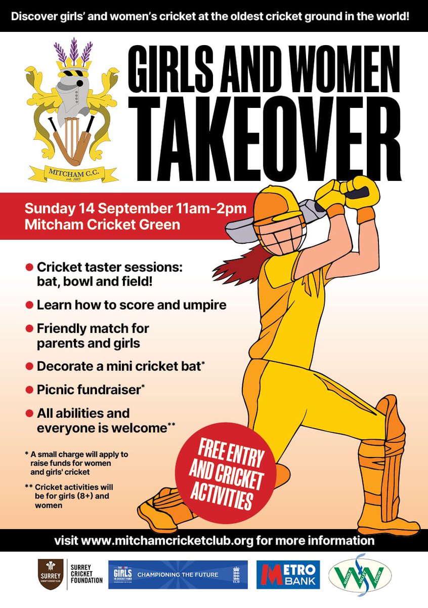 MitchamCC's tweet image. Delighted to be supported by @WandleForum and @SurreyCricketFd for our Girls and Women Takeover day at the Mitcham Cricket Club - starts 11am and the sun is shining.