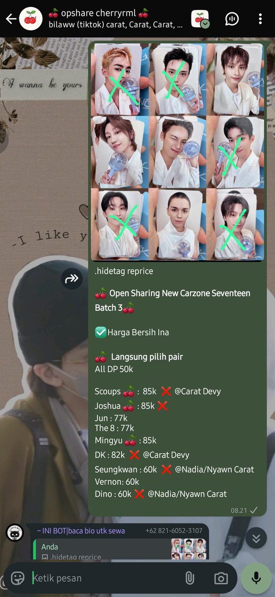 #WTS sharing Carzone new

💸 bersih INA
✅ Dp
✅ Ada GO Wa (mau join dm aja)
📍 Cikarang, kab Bekasi

Mingyu wajib pair ke Jun ya.
sisa 1 aku fix aku co 😉