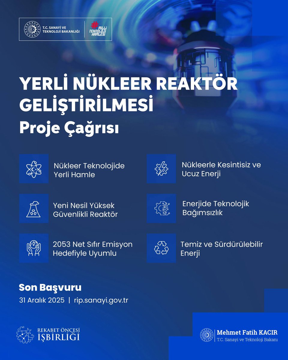 mfatihkacir's tweet image. Nükleer enerji teknolojilerinde yeni bir adım atıyoruz.

⚛️  Başlattığımız ‘Yerli Nükleer Reaktör Geliştirilmesi Çağrısı’ ile;

🔹 Enerji güvenliğimizi pekiştirecek,
🔹 Dışa bağımlılığı azaltacak,
🔹 Net sıfır emisyon hedefimize katkı sunacak 

yüksek teknoloji reaktörleri…