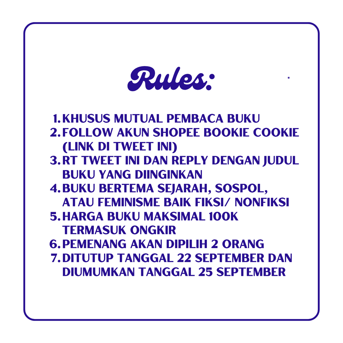 halonirmala's tweet photo. GIVEAWAY BUKU 💙

Aku mau memperingati 1 tahun mimpiku bikin toko buku pada 25 September nanti. Rules sila check pict:

https://t.co/SN708F2hAx
https://t.co/lAqutxmus0 https://t.co/biIdfQVHQV