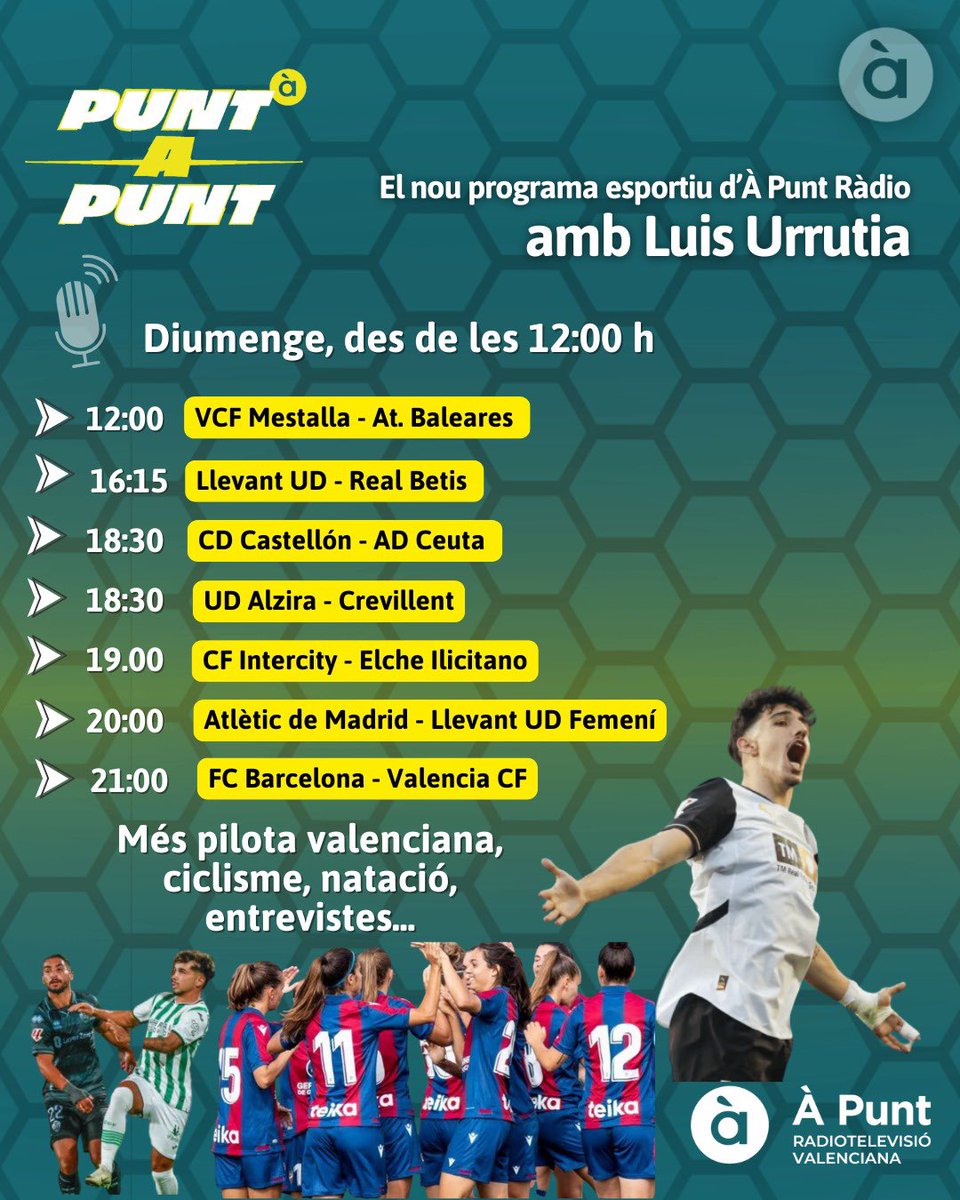 🍿 La programació del <a href="/PuntaPunt_/">Punt a Punt</a> d’aquest diumenge 

🔛⚽️ Comencem a les 12:00 hores amb la retransmissió del <a href="/Academia_VCF/">Academia VCF #ADNVCF 🦇</a> 🆚 <a href="/atleticbalears/">Atlético Baleares</a> des de l’Estadi Antonio Puchades 

Ens acompanyes? 😃