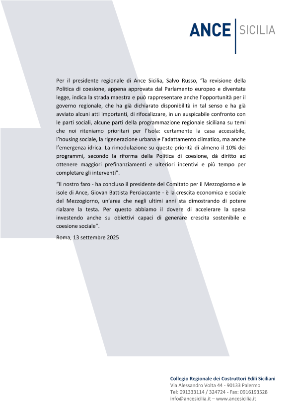 ANCE, PNRR: MASSIMA FLESSIBILITÀ PER COLMARE I RITARDI AL SUD. Dal Comitato per il Mezzogiorno e le Isole di Ance un appello a sfruttare tutti gli strumenti ad hoc di flessibilità suggeriti dall’Europa per non perdere le risorse e investire su ...
sicilia.ance.it/2025/09/13/anc…