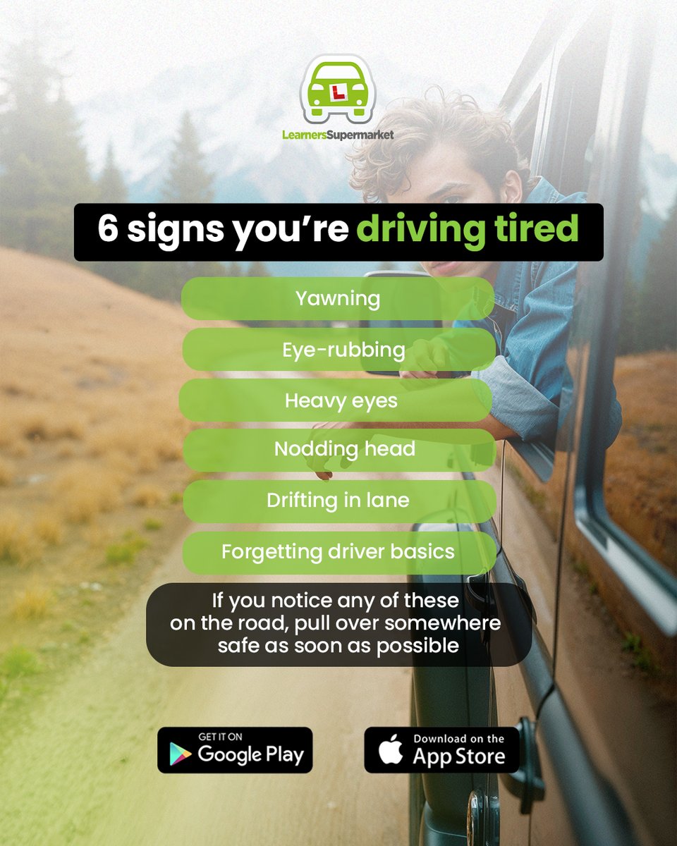 LearnersSM's tweet image. Driving when you’re tired is incredibly dangerous. 
Knowing the signs of fatigue is crucial for everyone’s safety. 

When you feel yourself starting to nod off, the best thing you can do is pull over and rest.
#DrivingInstructorTips #LearnToDriveUK #DrivingLessons