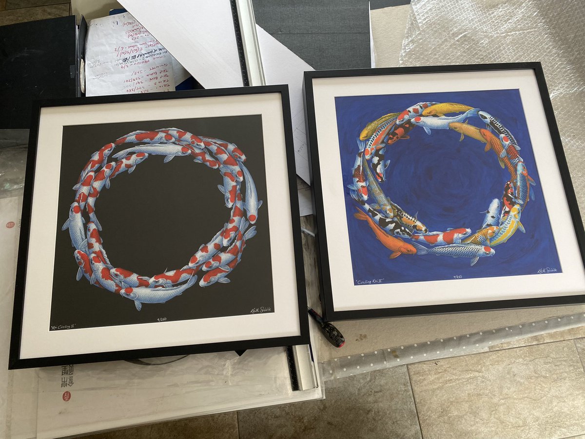 What is it about me and circles? Now framing some of my ‘Yin Yang 01 &amp; 02’, plus the ‘Koi Circling II’ and ‘Circling Koi II’ limited edition prints ready to show at the upcoming @allenglandkoishow 27th &amp; 28th September. Each print individually hand signed &amp; numbered.