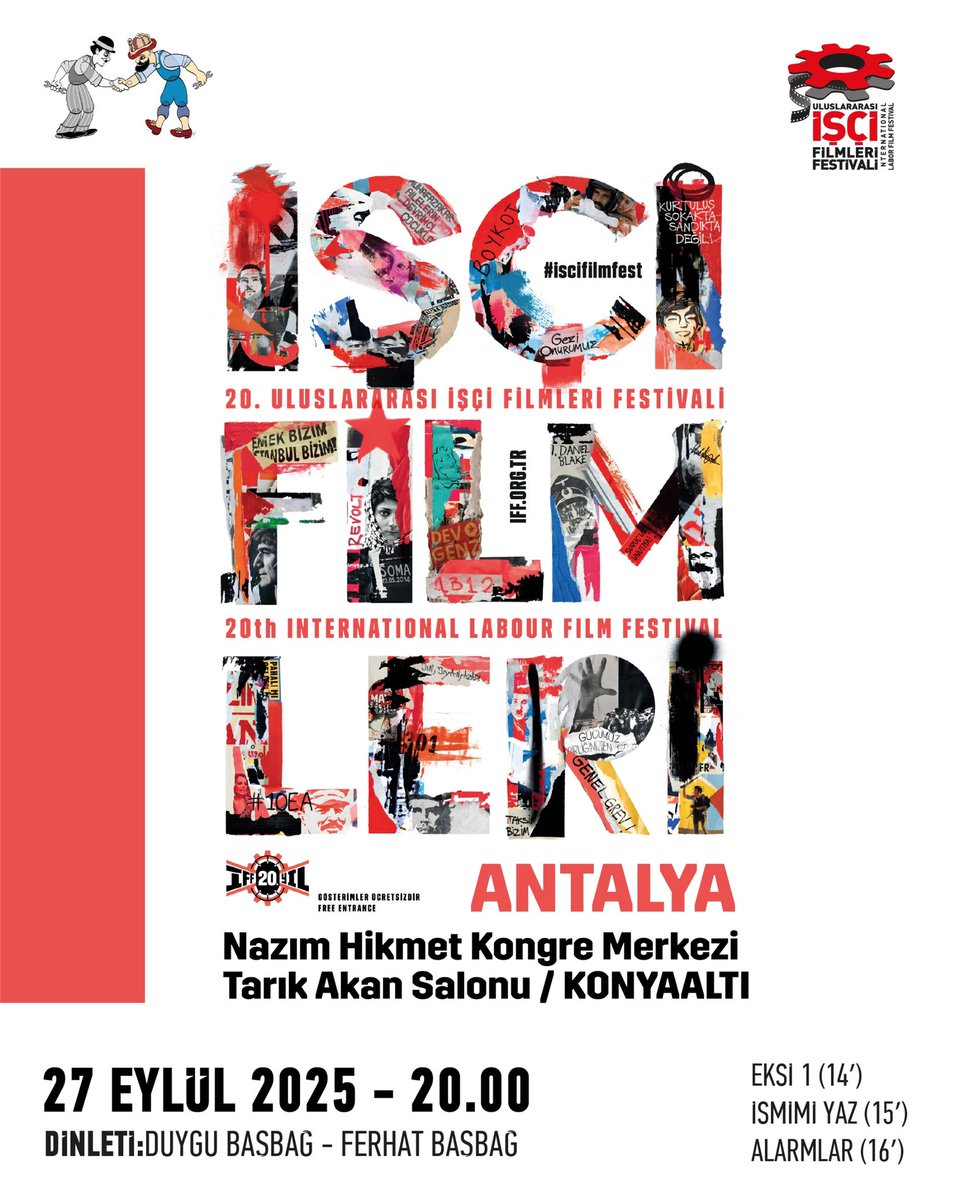 📽 20. Uluslararası İşçi Filmleri Festivali, Antalya'da seyirci ile buluşuyor 🌟
27 Eylül Cumartesi günü Nazım Hikmet Kültür Merkezi Tarık Akan Salonundaki açılış galamıza davetlisiniz🫂
📌 Festival kapsamında gösterimler 27 Eylül - 5 Ekim tarihleri arasında olacak.
