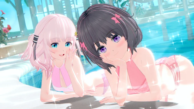 まだまだ暑いのでめるぺろの娘の立花かすみちゃんと西園寺まどかちゃんの水着です(※立花かすみちゃん多め) シーンデータお借りしてます #めるぺろ #コイカツ #koikatsu
