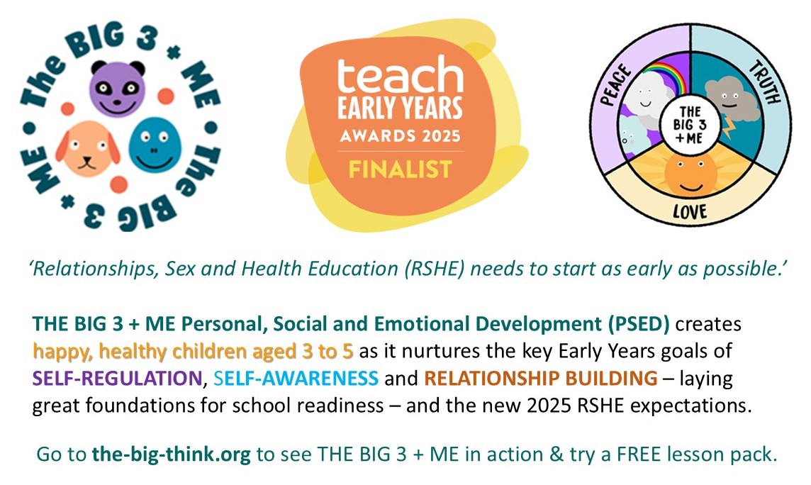 Exciting news for Early Years #teachers &amp; #nursery practitioners!
THE BIG 3 + ME  gets #children school-ready as they
* THRIVE @ 3
* FLOURISH @ 4
* FLY @ 5
Go to the-big-think.org/the-big-3-me

#PSED #PSHE #RSHE #values #MentalHealth