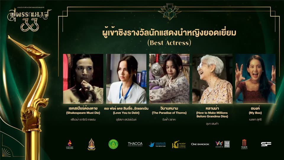 ร่วมลุ้นพร้อมส่งกำลังใจให้ “อิงฟ้า วราหะ” ที่มีรายชื่อเข้าชิงรางวัลนักแสดงนำหญิงยอดเยี่ยม (Best Actress) จากภาพยนตร์ ‘วิมานหนาม’  (The Paradise of Thorns) ในงานประกาศรางวัล #สุพรรณหงส์ครั้งที่33

สามารถติดตามชมการถ่ายทอดงานประกาศรางวัล "สุพรรณหงส์ ครั้งที่ 33" ในวันอาทิตย์ที่ 14