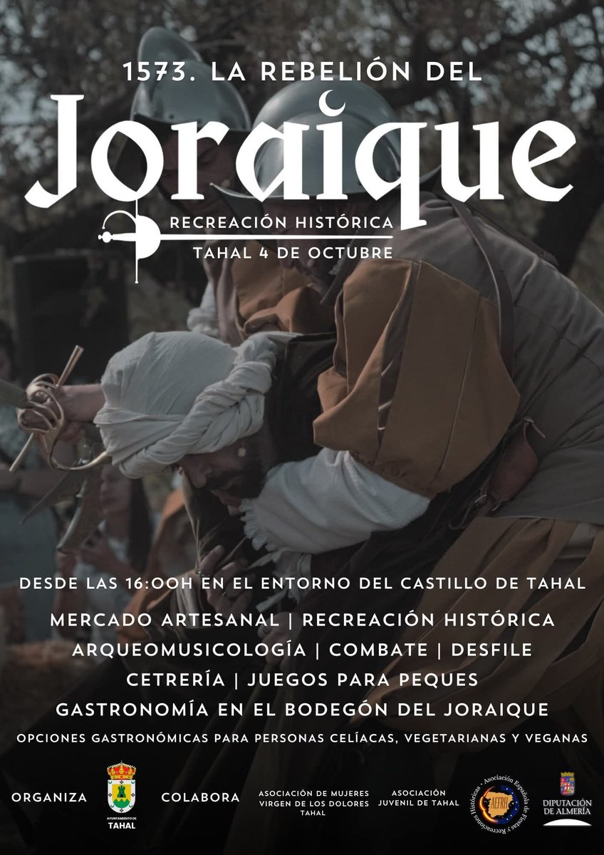 Revive el siglo XVI con la recreación histórica "La Rebelión de Joraique". En el entorno del castillo de Tahal, el próximo 4 de octubre, a las 16:00 h. Además de la recreación, habrá un mercado medieval, juegos para niños, combate, desfile de cetrería y arqueomusicología.