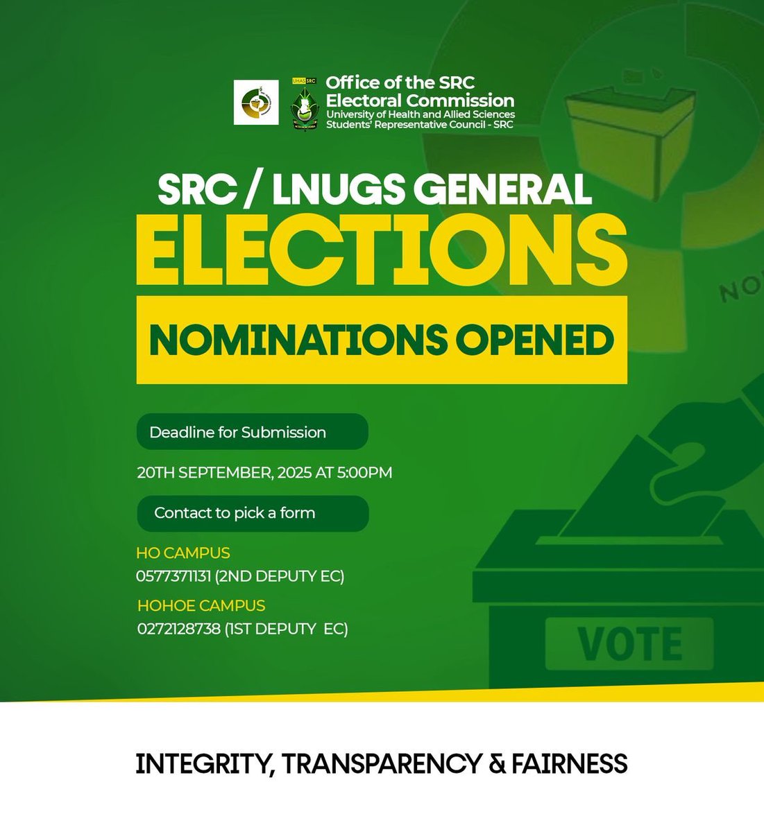 uhas__src's tweet image. UHAS EC OPENS NOMINATIONS FOR THE 2025 SRC/LNUGS ELECTIONS