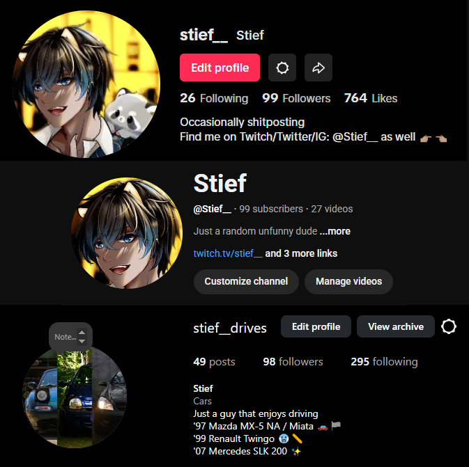 Okay the fact that all these are close to 100 at the same time is kinda funny lmao
(Yes the bottom IG one is an irl car/travel content account, feel free to check it out as well if you wanna see some non-Vtubing stuff 👀)