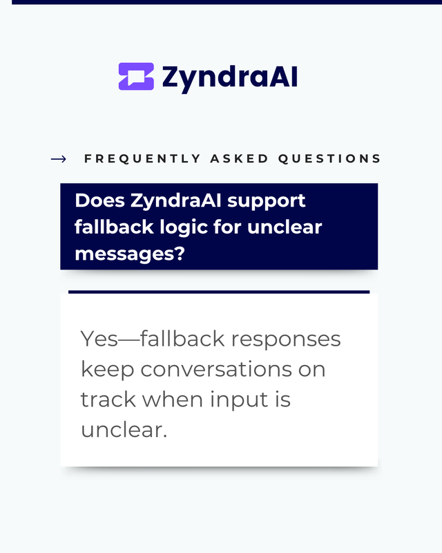ZyndraAI's tweet image. 🤖 Not every message goes as planned—and that’s why fallback logic matters.

With ZyndraAI, you can create smart fallback responses that guide users back into the right flow when something goes off track. 

#ZyndraAI #FallbackLogic #AIChatbots #NoCodeAutomation #CustomerSupport