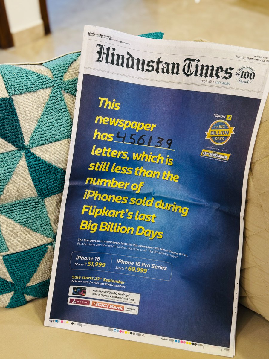 Flipkart just made my newspaper feel like a puzzle. Count the letters, win an iPhone 16 Pro. #BigBillionDays