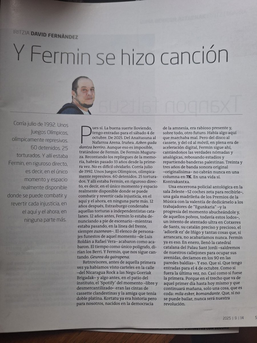 Gaur Zazpikan <a href="/HiginiaRoig/">David Fernàndez 💚✊🏿</a>-en zutabe eder hau: "Y eso. Que sí. Que tengo entradas para el 4 de octubre."