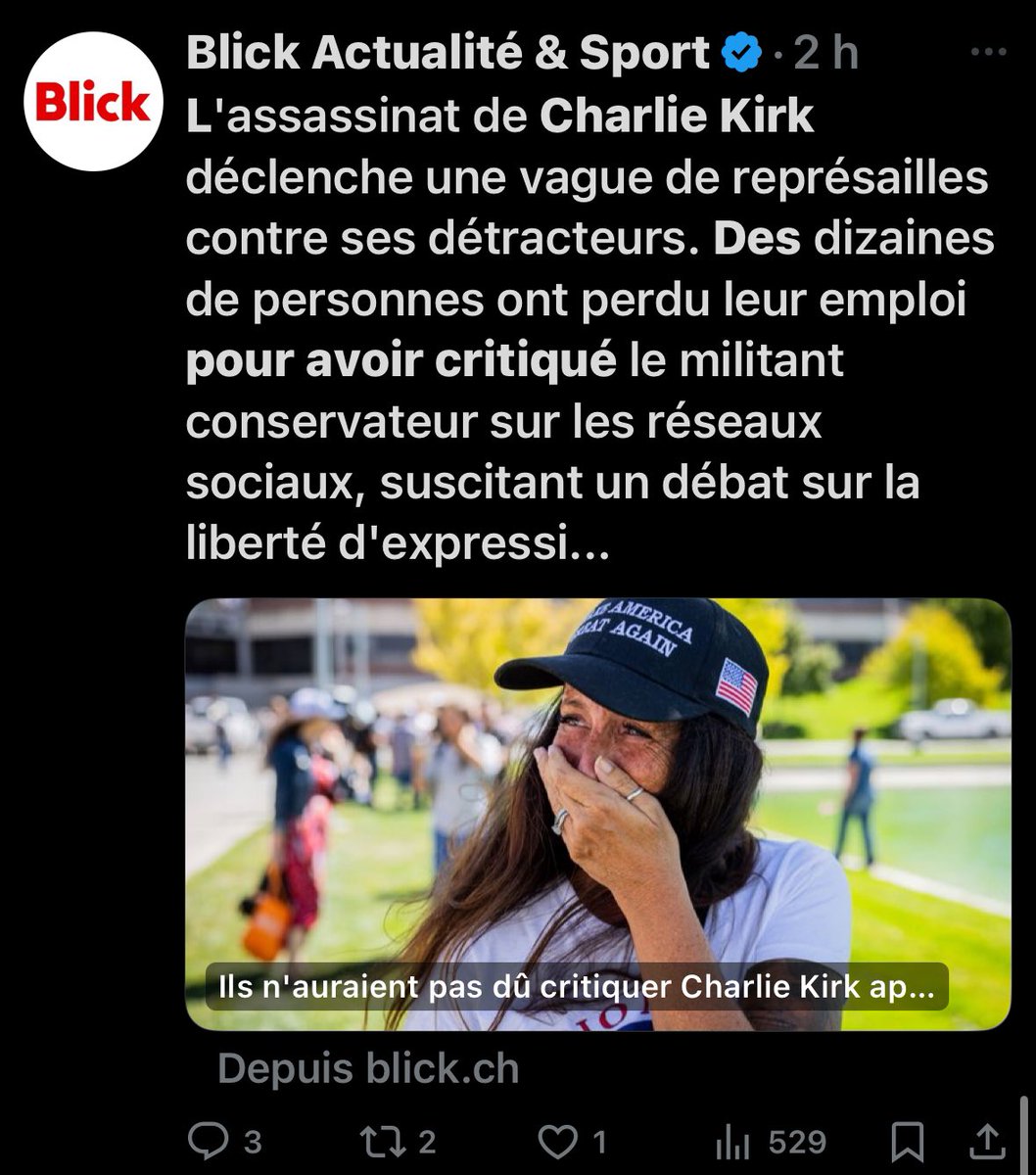 Les médias mentent. 

Les personnes qui ont perdu leur emploi (dont beaucoup de professeurs et d’universitaires) n’ont pas « critiqué » Charlie Kirk, elles se sont félicitées ou réjouies publiquement de son assassinat.

Le règne du mensonge et de la manipulation permanente.