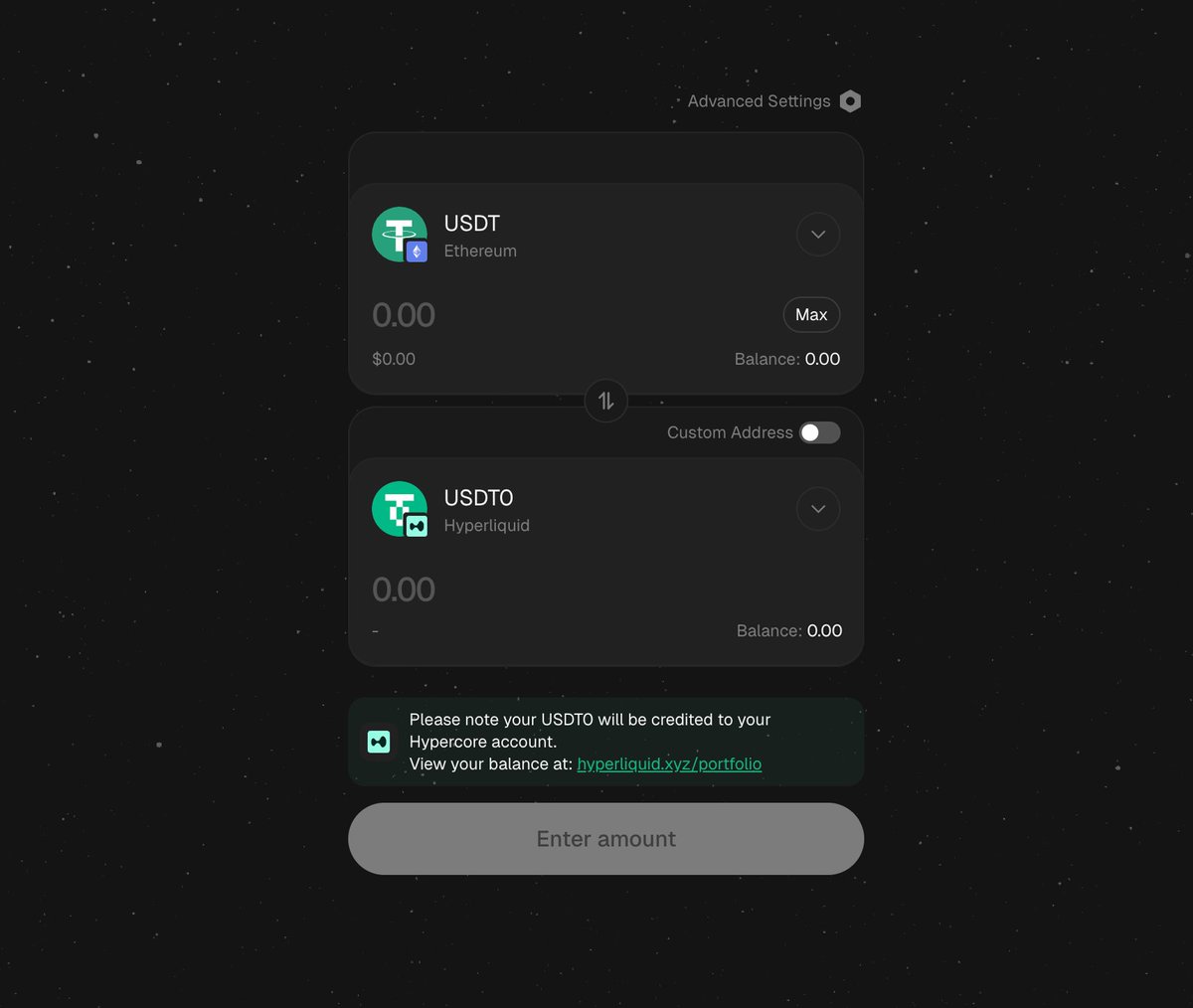 Direct deposit on Stargate.

Hyperliquid.