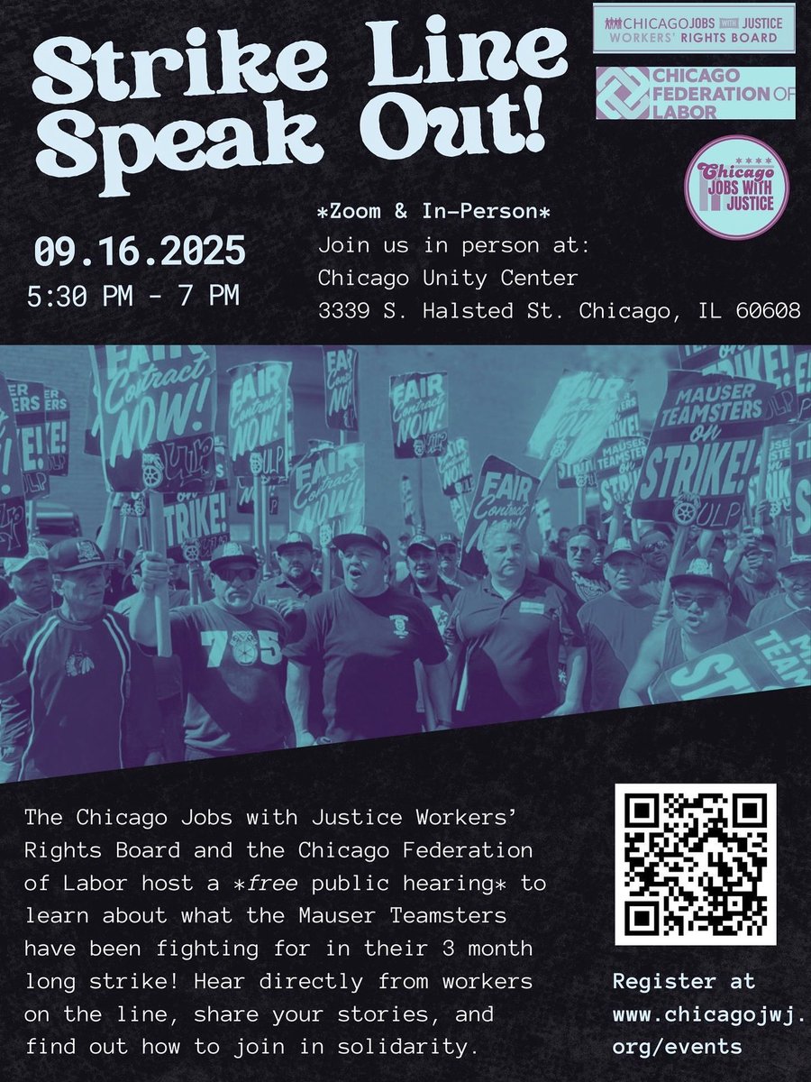 CPUSAChicago's tweet photo. Join us at the Unity Center on Tuesday to support striking Teamsters!

Mauser workers have been on strike since June demanding better pay, safer working conditions, and more protections against ICE raids.

Register here: https://t.co/xAmsVtIxdT https://t.co/81m9R1WXfz