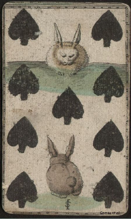 Nine of Spades with hares, from an anonymous German animal‑themed playing‑card deck (monogram I·S), copper‑engraved and hand‑coloured on paper, c. 1610–1650.