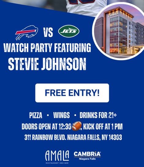 StevieJohnson13's tweet image. If you’re in Niagara Falls and want to watch The Bills vs Jets with me—stop by the CAMBRiA Hotel for the vibes.

Spectrum will be filming #BEZ postgame show live from the hotel. #HandleBizHaveFun #GoBills 🦬⚡️📺