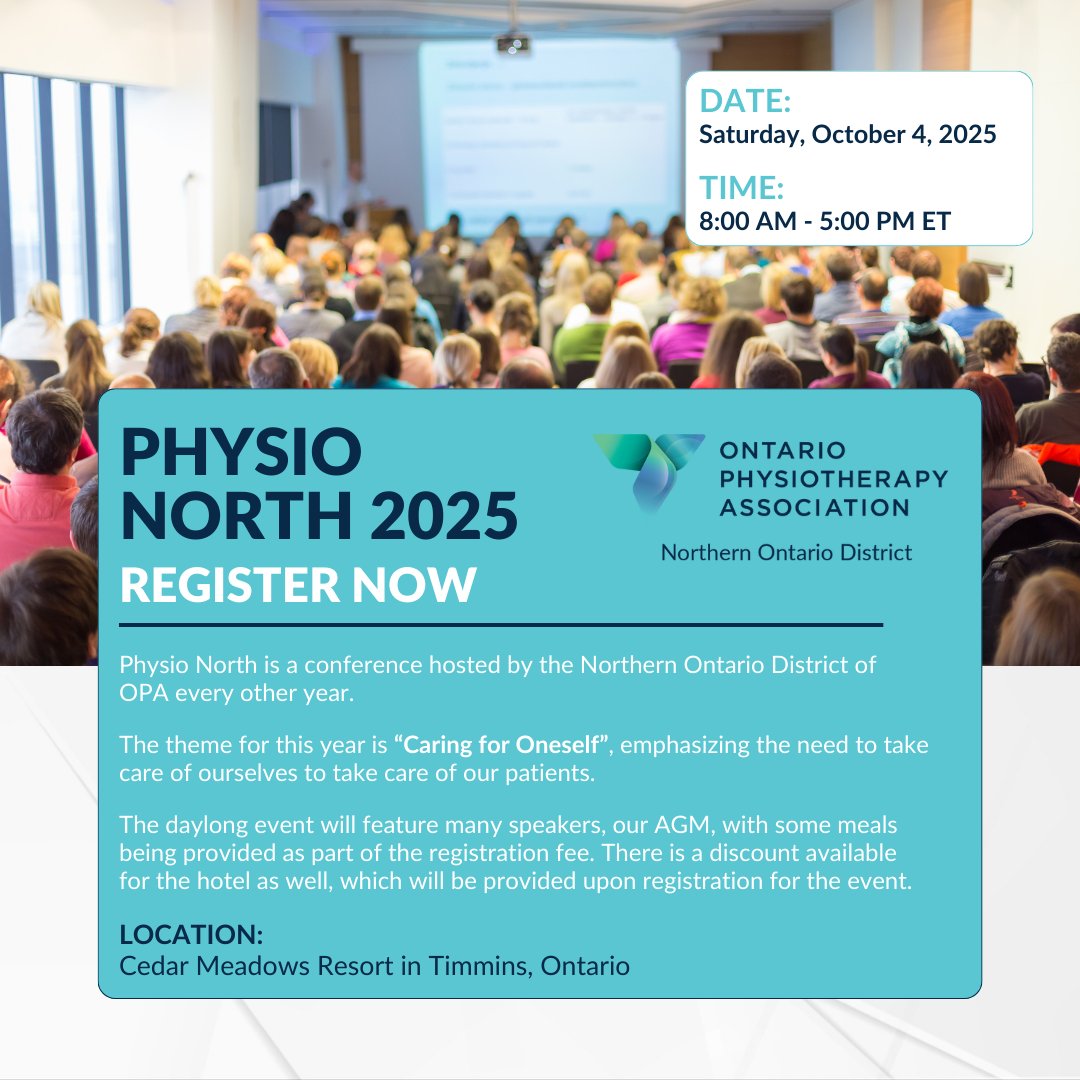 Join the Northern Ontario District of OPA this October in Timmins for a day of learning, connection, and professional growth. The theme for this year is “Caring for Oneself”, emphasizing the need to take care of ourselves to take care of our patients:  opa.on.ca/event/physio-n…