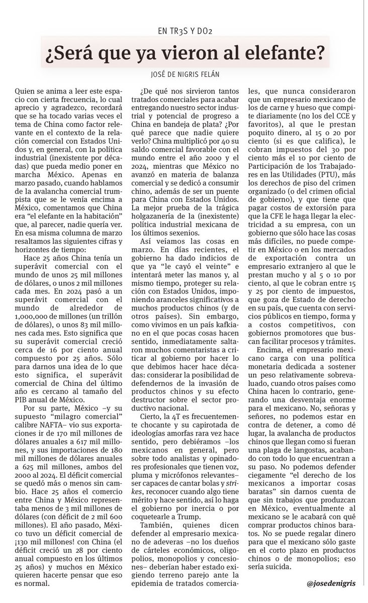 Comparto columna de hoy en <a href="/vanguardiamx/">Vanguardia</a> -

Hay señales de que el gob mexicano se dio cuenta de que hay un elefante 🐘 en la habitación en materia comercial. 🇨🇳 
El reflejo de comentaristas y supuestos expertos es criticarlos sin entender porqué.

vanguardia.com.mx/opinion/sera-q…