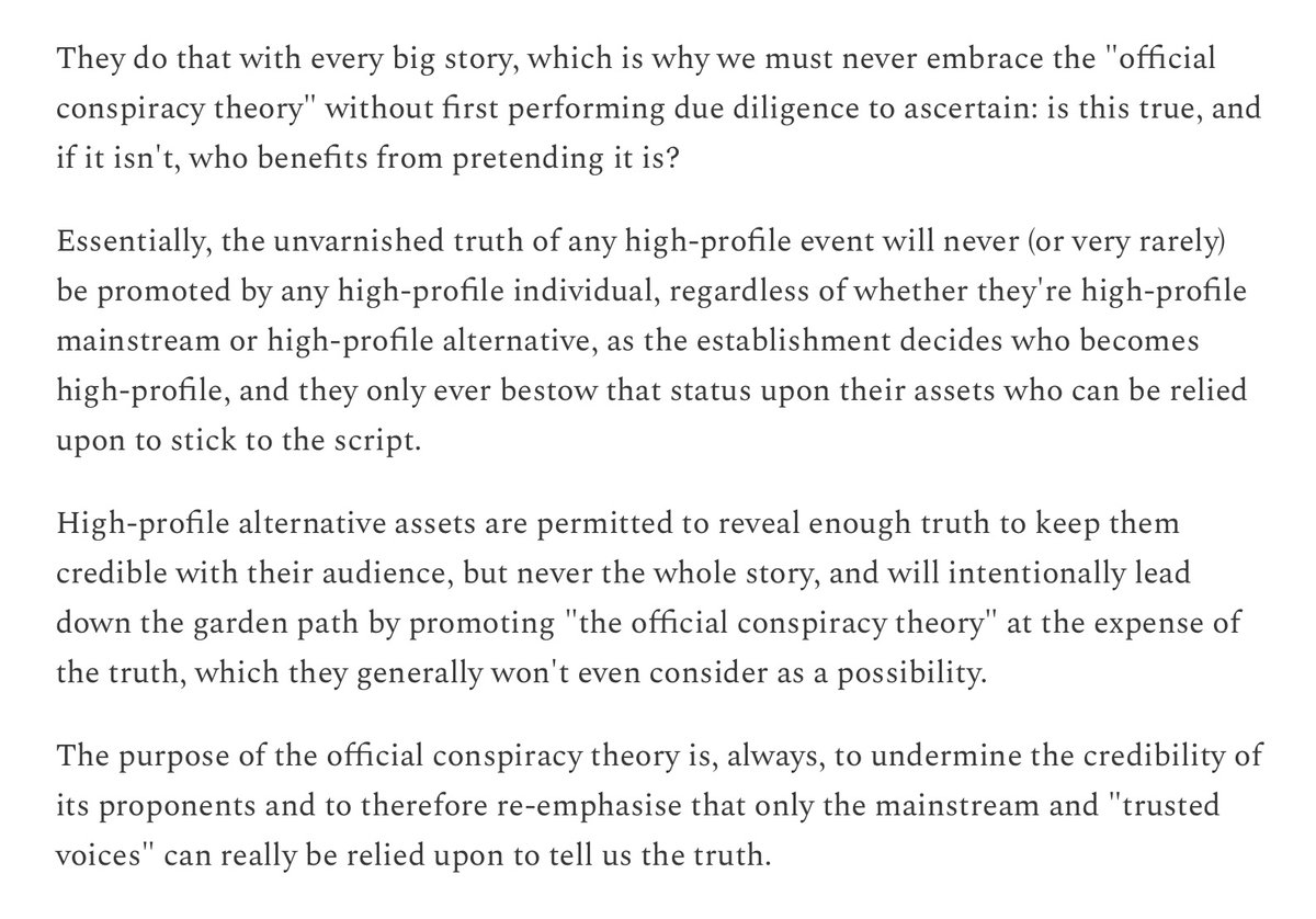 Miri <a href="/MattersInformed/">Informed Consent Matters (Miri AF)</a> nails it.
'High-profile alternative assets are permitted to reveal enough truth to keep them credible with their audience, but never the whole story,..by promoting "the official conspiracy theory" at the expense of the truth'.
miri.substack.com/p/his-story-he…