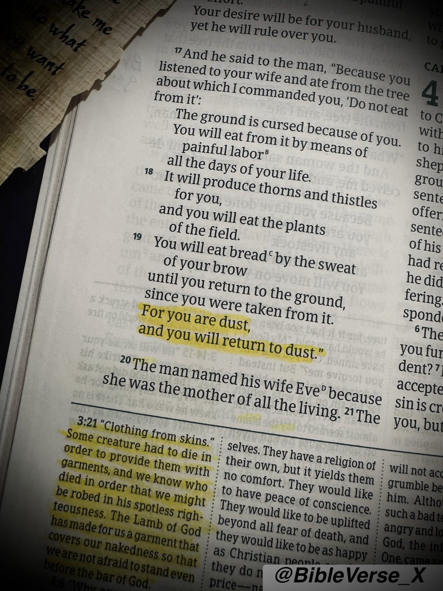 BibleVerse_X's tweet image. “You will eat bread  by the sweat of your brow until you return to the ground,  since you were taken from it. For you are dust, and you will return to dust.””
-Genesis 3:19 CSB
#SpurgeonStudyBible #CSB #MyNewBible
