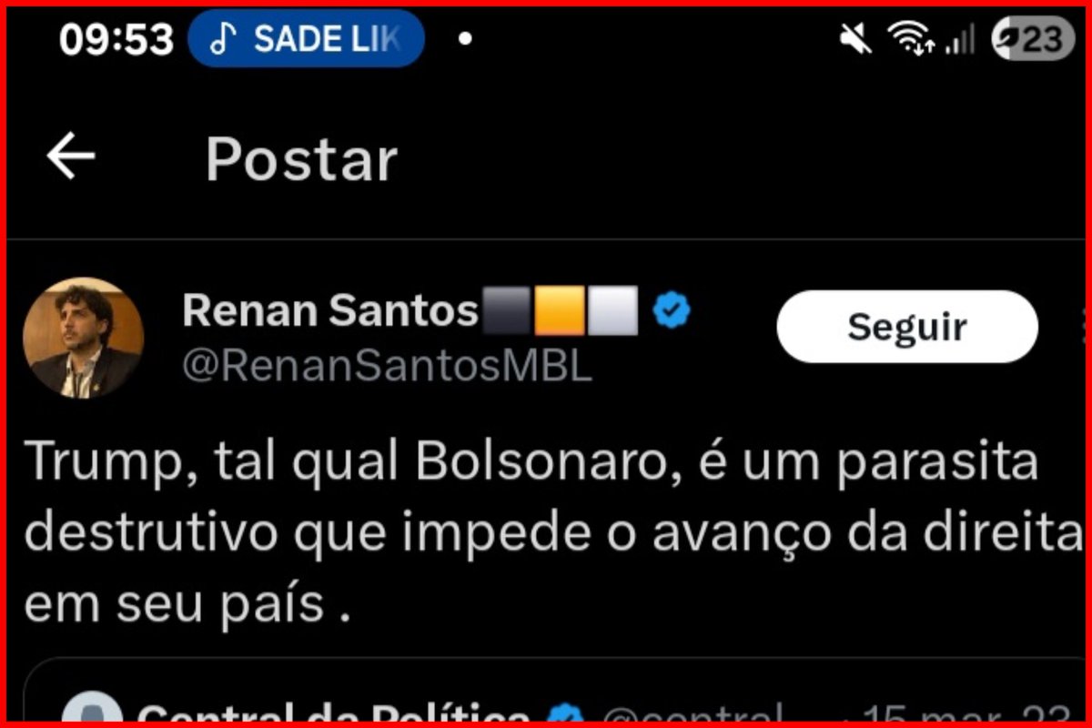 Outro que deve ser impedido de ir aos USA🇺🇲 é Renan Santos do MBL por atacar Donald Trump, presidente mais democrático do mundo

Este ataque diz muito sobre o MBL, o que representam e em que lado do tabuleiro político está o MBL

Trump deveria cancelar o visto do Renan Santos-MBL