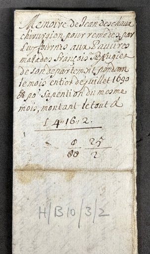 The Huguenot Library has numerous primary sources that would be of interest to both researchers and family historians.

This image is of a Statement of Account written by Jean Deschaux, surgeon, dated July 1690. 

Book an appointment via email: library@huguenotsociety.org.uk