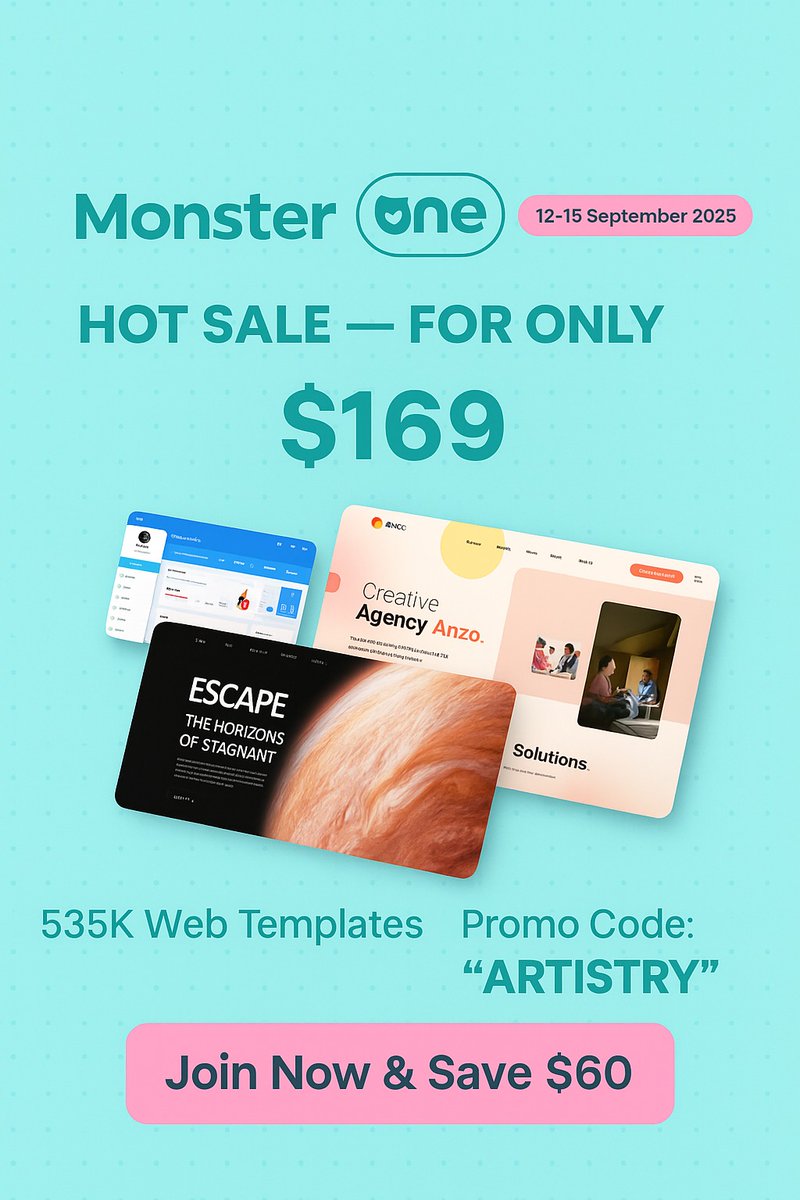artistry788's tweet image. ✨ Build stunning websites &amp;amp; save $60!
MonsterONE Hot Sale 🎉
535K+ web templates + unlimited downloads – now just $169!
💡 Use Code: ARTISTRY (Valid Sept 12–15).

👉 Don’t miss out: cutt.ly/je5cfhgY

#WebDesign #MonsterONE #CreativeBundle