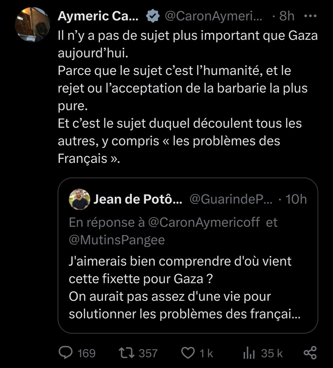 Illustration de la déchéance du mouvement de solidarité avec la Palestine : ça passe crème de dire que ts les problèmes des français sont liés aux actions d'Israël, c'est purement et simplement de l'antisémitisme.
j'en profite pour réitérer ma demande : porte plainte sale raciste