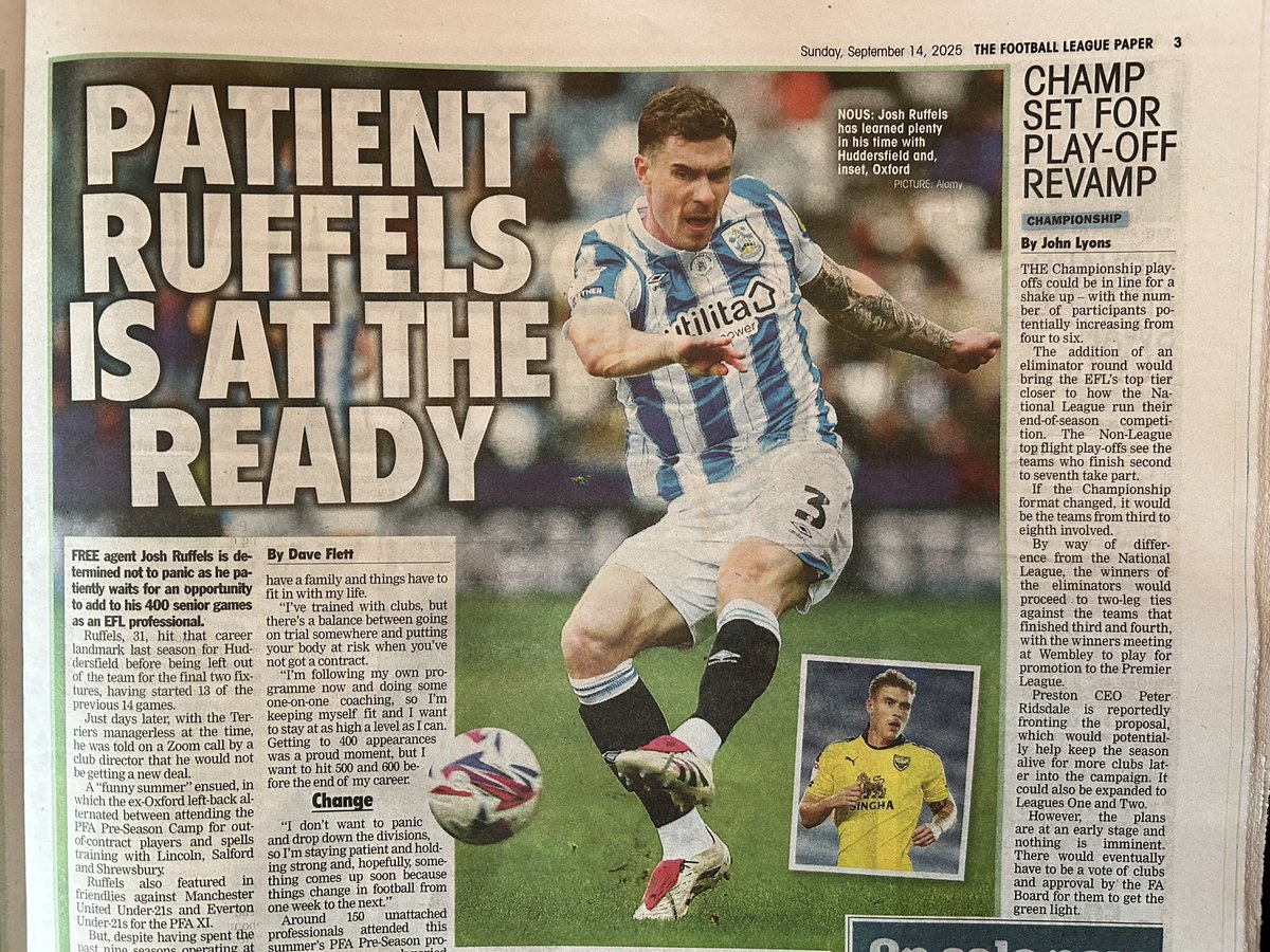 Dave Flett (@daveflettpress) on Twitter photo I spoke to free agent ex-<a href="/htafc/">Huddersfield Town</a> and <a href="/OUFCOfficial/">Oxford United</a> defender <a href="/JRuffels93/">Josh Ruffels</a> who’s refusing to panic as he waits for chance to add to his 400 games as an EFL pro. Josh attended this summer’s <a href="/PFA/">PFA</a> Pre-Season Camp for out-of-contract players. Full story in <a href="/TheLeaguePaper/">The Football League Paper</a> - in shops now. I spoke to free agent ex-<a href="/htafc/">Huddersfield Town</a> and <a href="/OUFCOfficial/">Oxford United</a> defender <a href="/JRuffels93/">Josh Ruffels</a> who’s refusing to panic as he waits for chance to add to his 400 games as an EFL pro. Josh attended this summer’s <a href="/PFA/">PFA</a> Pre-Season Camp for out-of-contract players. Full story in <a href="/TheLeaguePaper/">The Football League Paper</a> - in shops now.