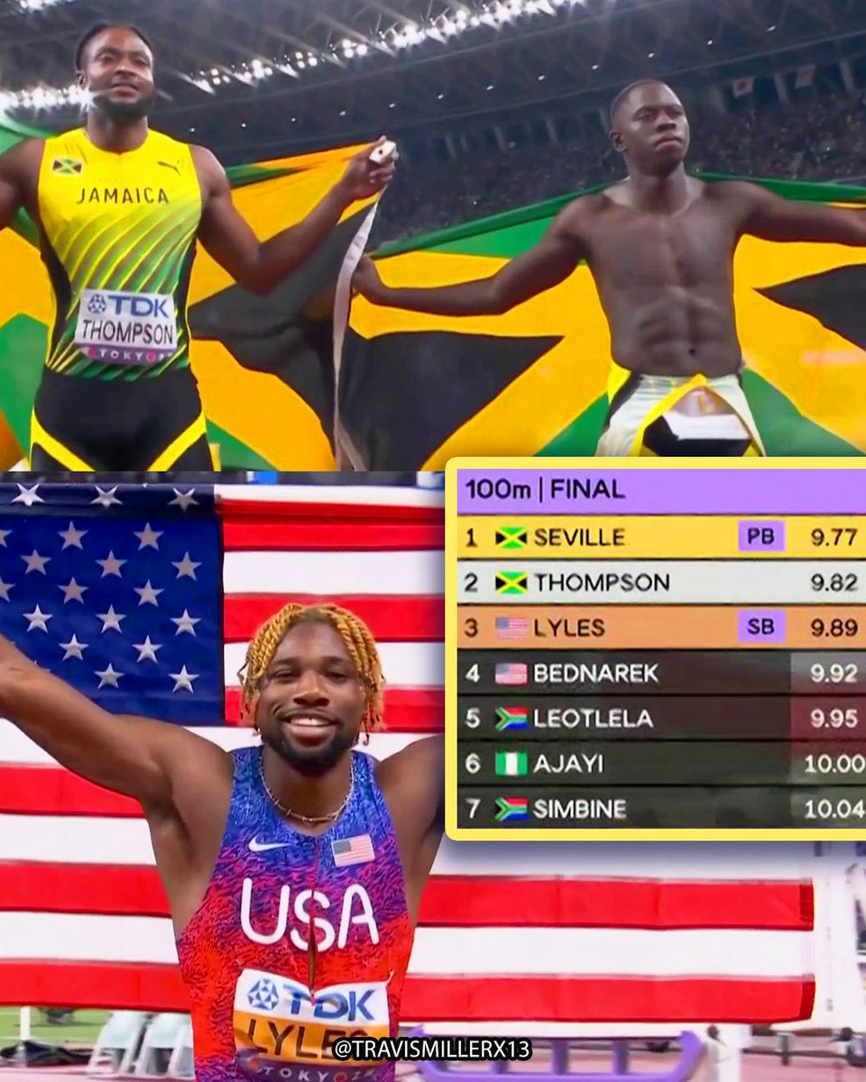 🇯🇲JAMAICAN 1-2 IN THE 100M FINAL for Kishane Thompson and Oblique Seville! 🥇🥈

🥉Bronze for 🇺🇸Noah Lyles