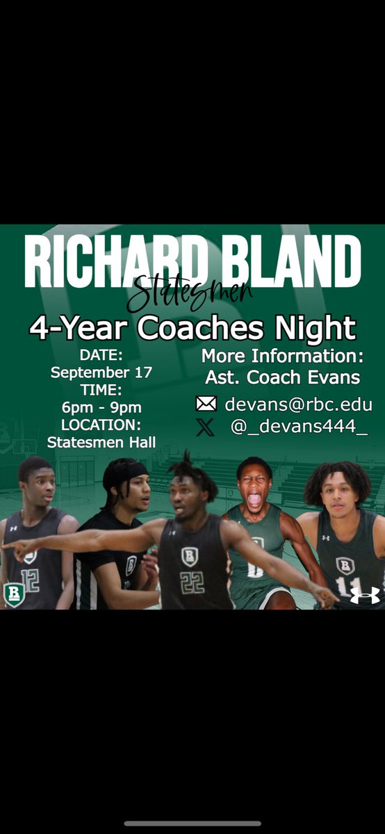 College Coaches it will be a packed house on Wednesday Night for our open practice.
Please send us a text or email to confirm your attendance.
Over 30 schools confirmed.
Excited for everyone to get a sneak peak at our group.
See you Wed. night at 6pm. <a href="/RBCMBB/">Richard Bland College Men’s Basketball</a> 
#GoStatesmen⚫️🟢