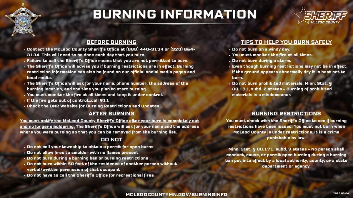 BURNING INFO: Planning on burning? Follow these steps!

More: mcleodcountymn.gov/burninginfo