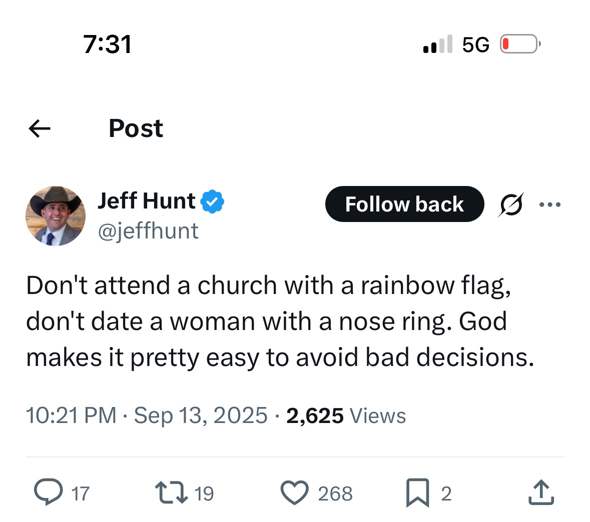 You know <a href="/jeffhunt/">Jeff Hunt</a>, I was seriously planning on attending. Not because I respected Kirk, but because I love this country, and political violence is never acceptable.

And then you posted this BS. You’re incapable, it seems, of not pandering in hate. I don’t want any part of that.