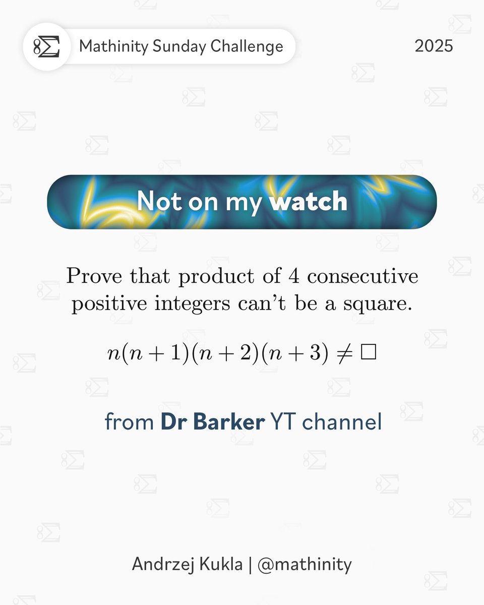 Mathinity_'s tweet image. You don’t feel like a square today? Don’t worry, product of 4 positive integers doesn’t feel like that every day. 

Tbh I love that problem because you can solve it in so many brilliant ways. Can you find a new one? 👀