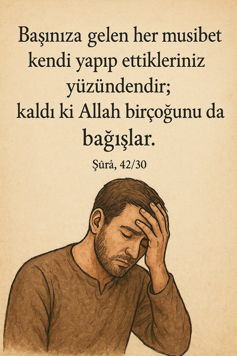 Başınıza gelen her musibet kendi yapıp ettikleriniz yüzündendir; kaldı ki Allah birçoğunu da bağışlar.
(Şûrâ, 42/30)