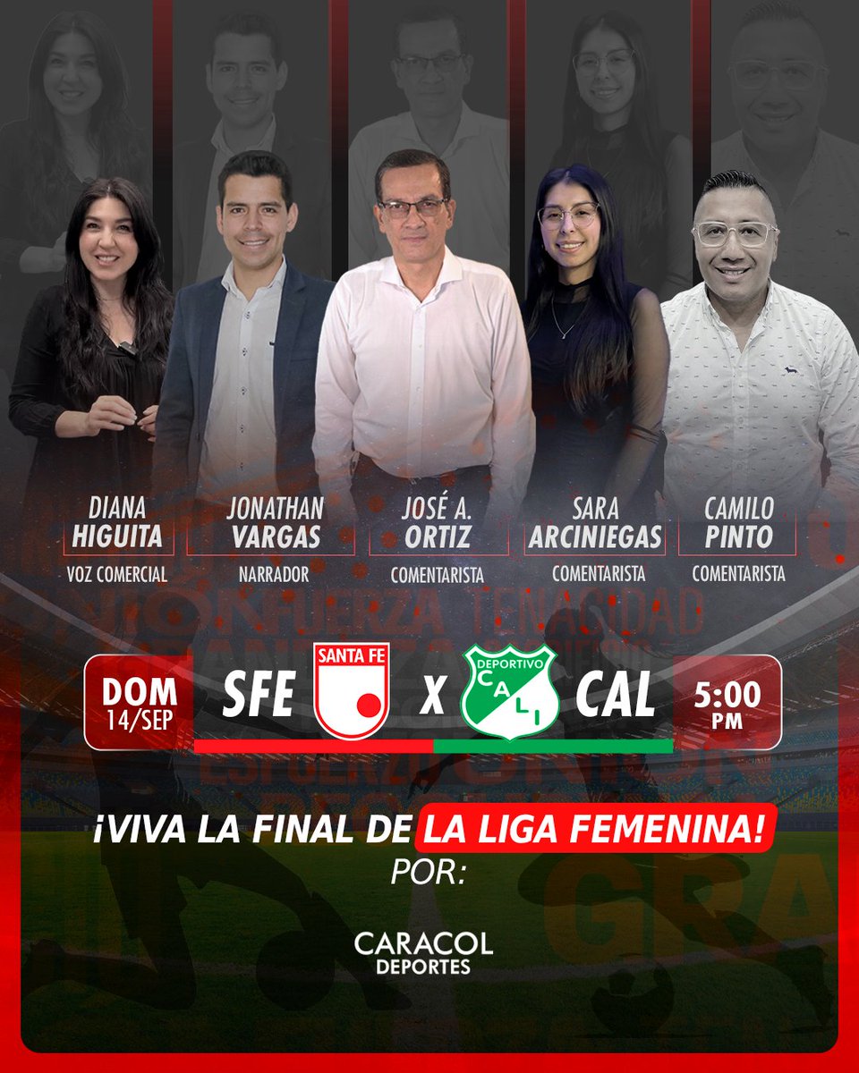 🏆⚽ ¡Primera final de la Liga Femenina!

🎙️ Siga las emociones del duelo de ida con el equipo de Caracol Deportes

Conduce y comenta: <a href="/joseperiodista/">Jose Alberto Ortiz R</a> 

Relata: <a href="/Jonavargasva/">jonathan vargas</a> 

Comentan: <a href="/Lu__cia/">Sara Arciniegas</a> y <a href="/camiloapinto/">CAMILO PINTO</a> 

Voz comercial: <a href="/DianaHiguitaO/">DianaHou</a>