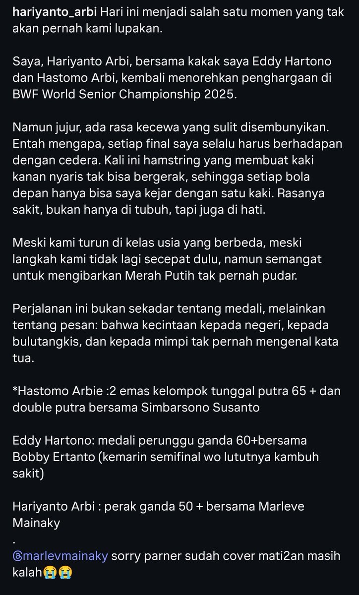 Keluarga Arbi dari Kudus, salah satu keluarga bulu tangkis paling bersinar di dunia. 

Masih bersemangat dan berusaha terus berprestasi di level dunia meski usia tak lagi muda, meski sudah lama sekali pensiun.

Hormat!